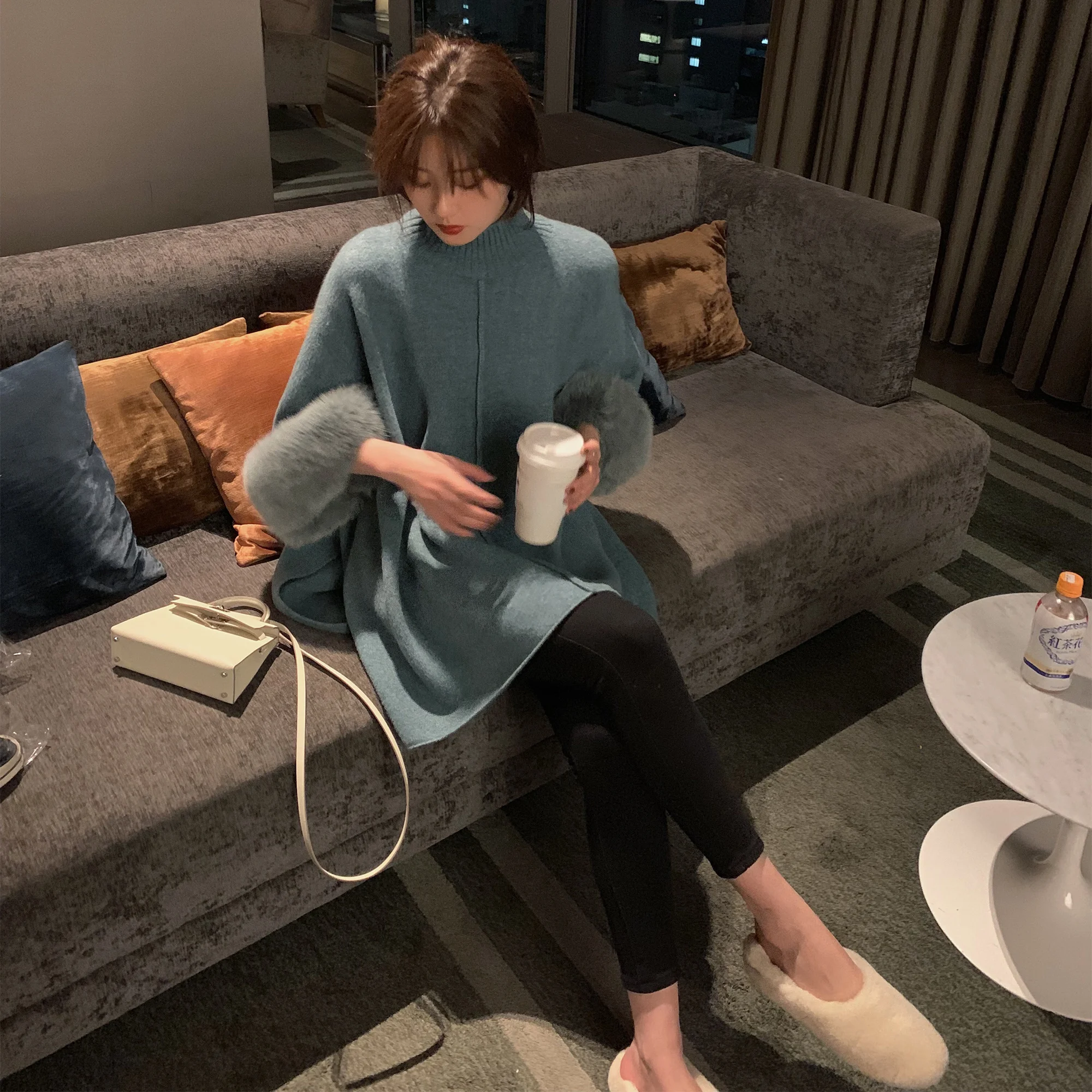 

Autumn and winter sweater female temperament fur half high collar cloak