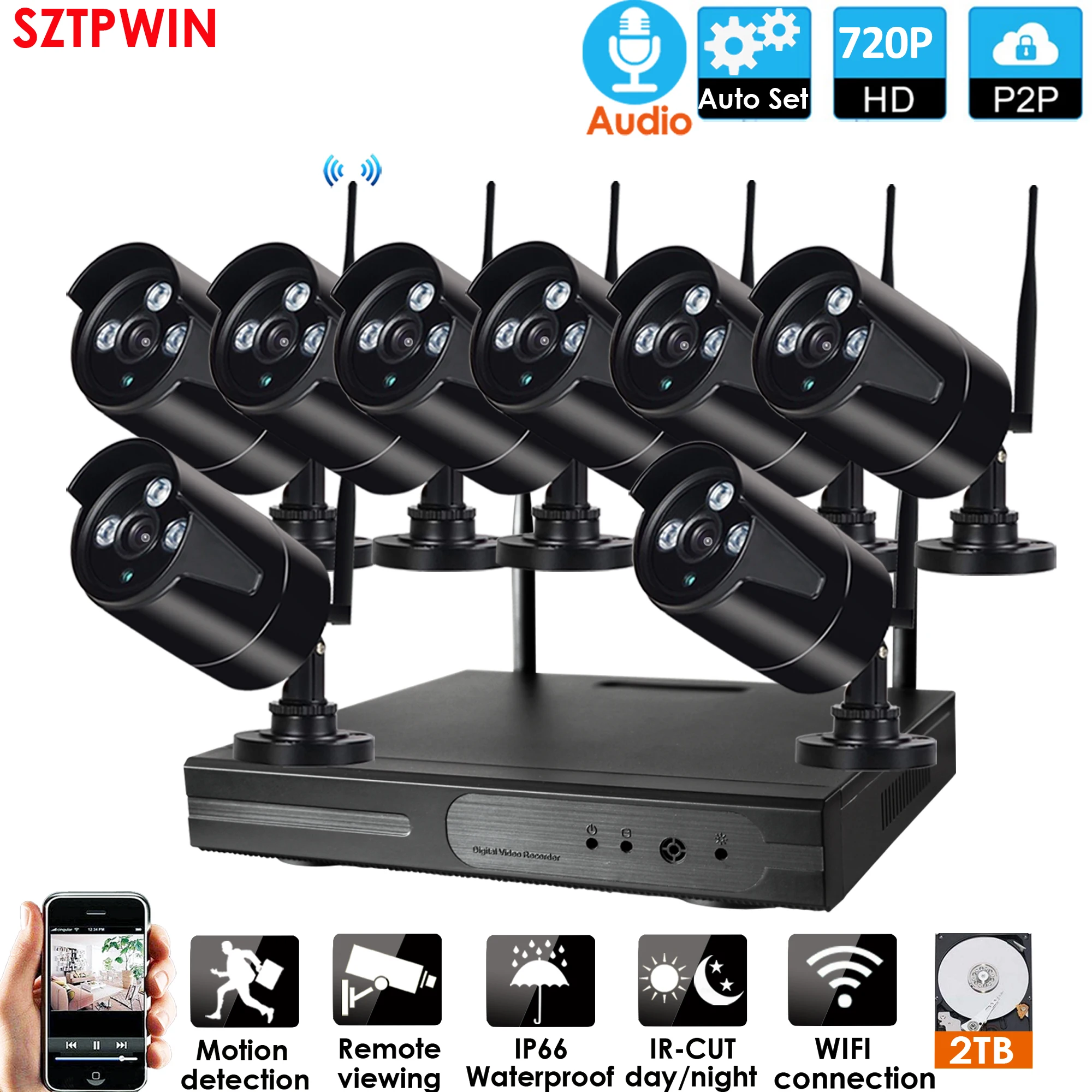 PlugandPlay 8CH Audio1080P HD Беспроводной NVR комплект P2P 720P Крытый Открытый ИК Ночное Видение безопасности аудио IP камера wifi CCTV система