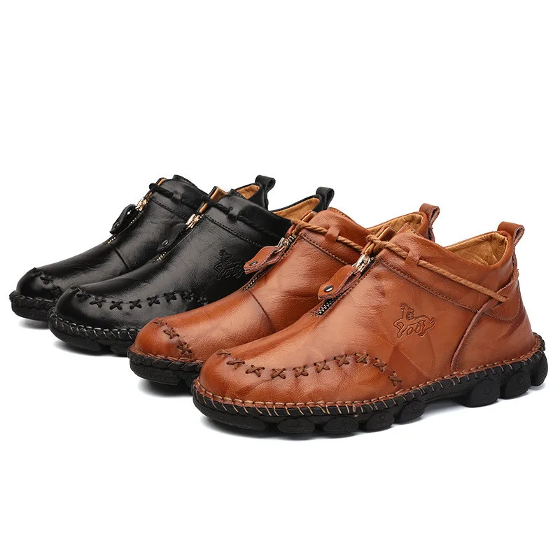 

High Quality Genuine Leather Men Boots Fashion Zipper Shoes Male Cow Leather Man Brown Ankle Boots 2019 Autumn Plus Size 38-48