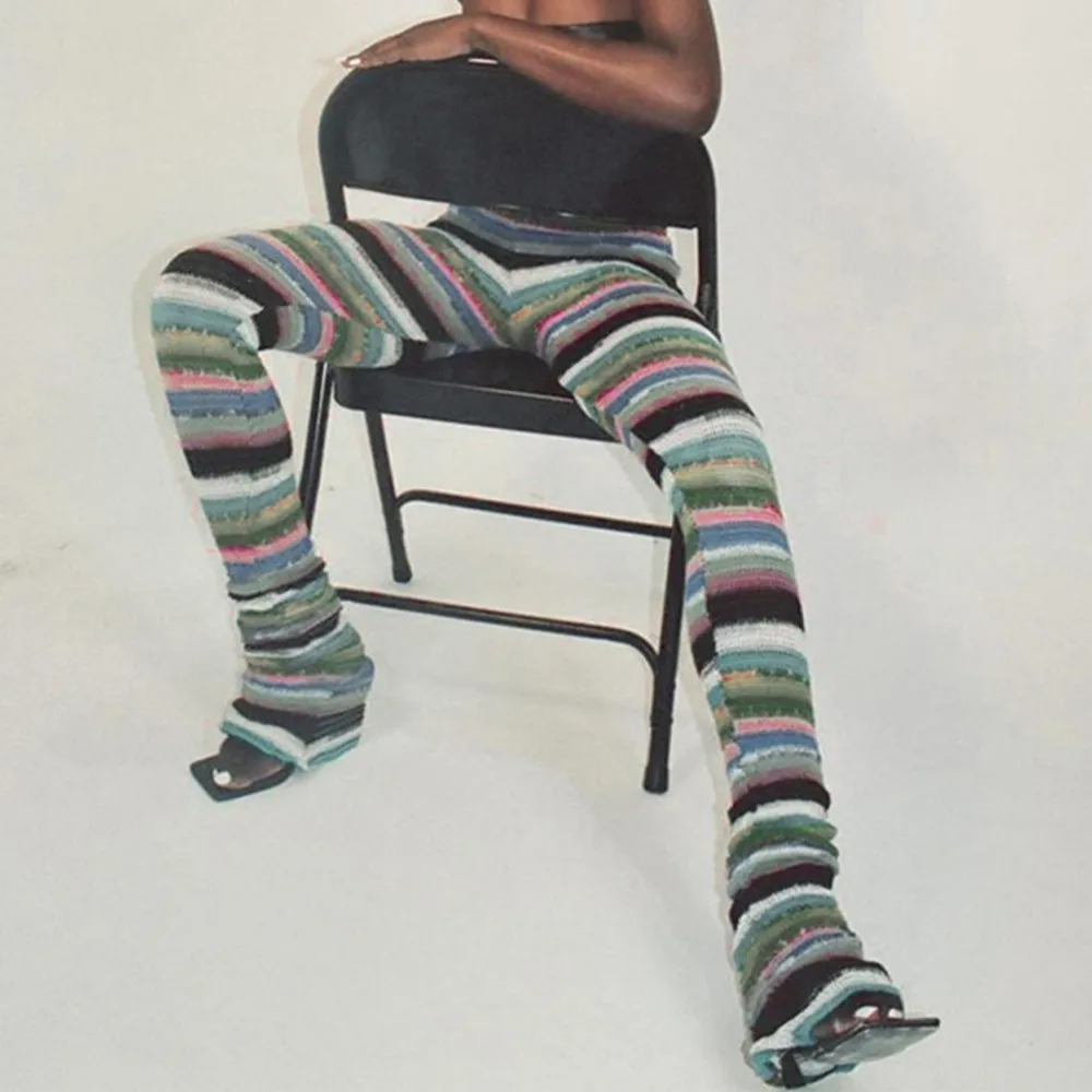 

Woman Colorful Striped Knitted Stacked Pants Streetwear Women Hippie Clothes Fall Sexy Extra Long Trousers New 2021