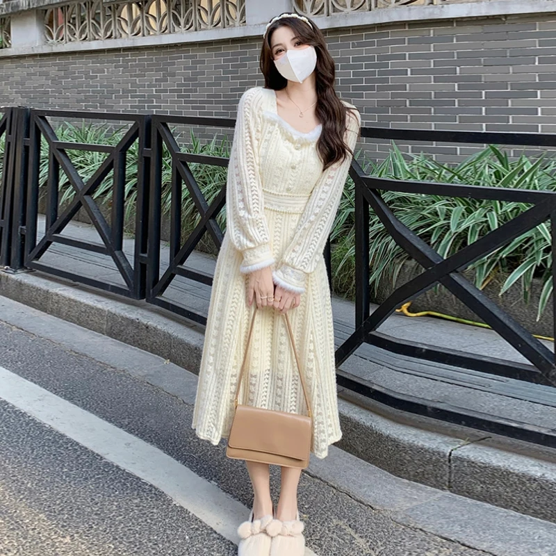 

Sannian Plush Lace Dress Women's Clothes Autumn And Winter 2021 Female New Niche Long Dress Ladies Clothing