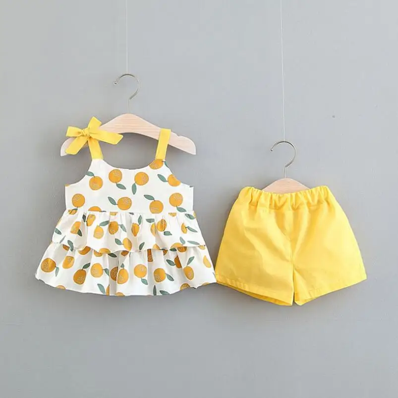 Летний комплект из двух предметов для девочек желтый жилет с принтом + белые