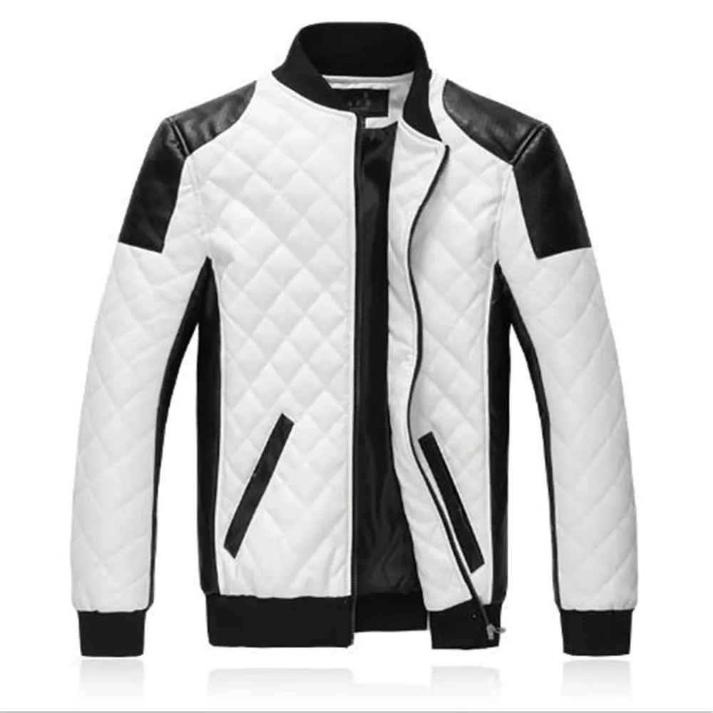 

Autumn Winter New Foreign Trade Explosion Models Men Stand Collar Diamond PU Leather Jacket Coat Color Matching Large Size