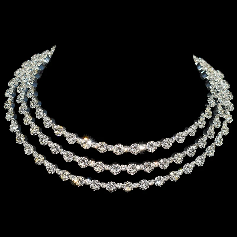 NEW Gold silver Metal Rhinestone Collar Necklaces for Women Round 3Row collar mujer collares Fashion Jewelry Choker Wholesale