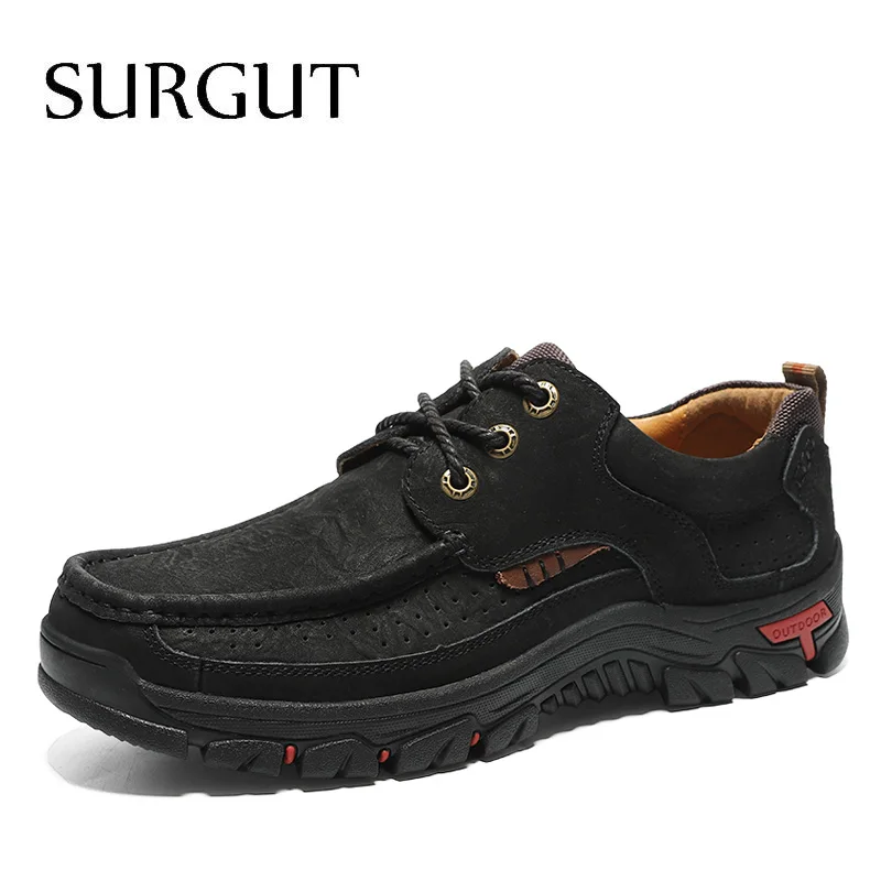 Lace Up Black SURGUT, мужские туфли из натуральной кожи, высокое качество, без шнуровки, фирменные, модные, дизайнерские, одноцветные, удобные, мужские, повседневные туфли, большие размеры 38-48 - Цвет: Lace Up Black