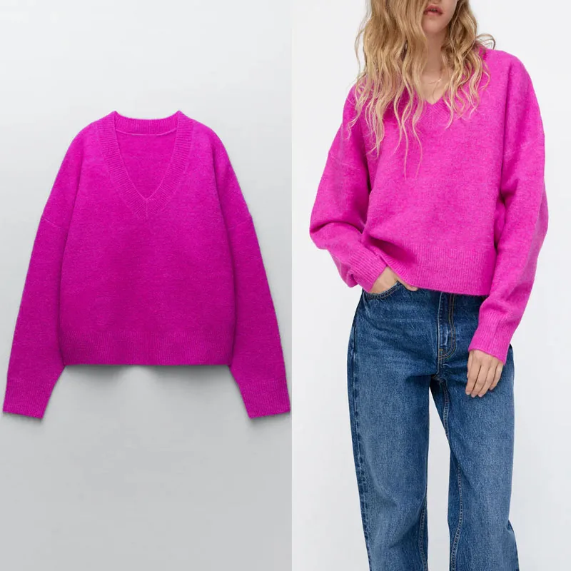 

FAKUNTN Winter Soft Knit Sweater Woman Long Sleeve V Neck Ribbed Sweaters Fuchsia Knitted Tops Female Vintage Fitted Pullover