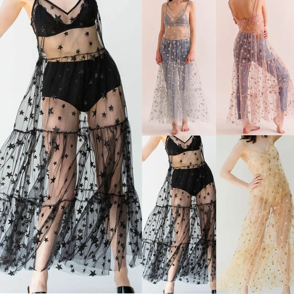 

New Arrival Spaghetti Straps Tulle Long Women Dresses Fashion Bling Bling See Through Dress Sexy Fashion Hot Bikini Cover-up