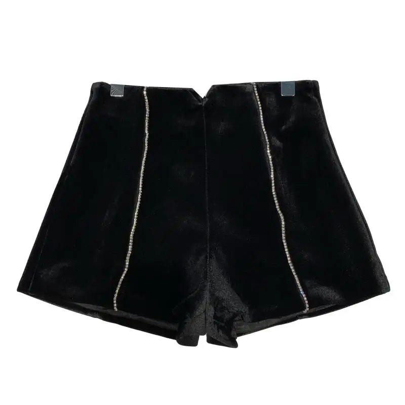 

2020 Winter New Rhinestone Gold Velvet Office Lady Shorts Womens Slim High Waisted All-matching Shorts Feminino