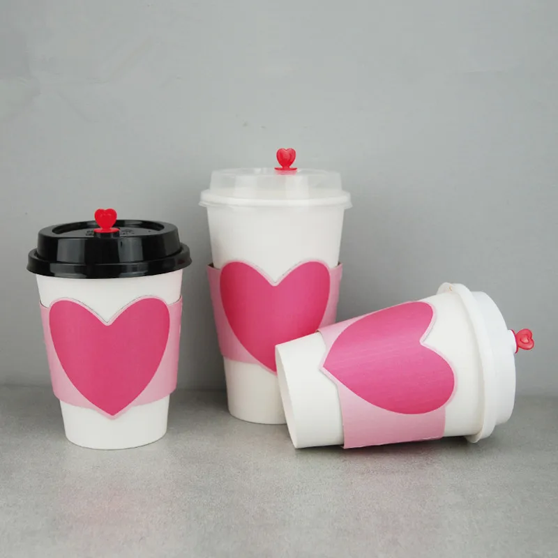 50pcs Creative insulation anti-scalding disposable cups Valentine's Day party wedding favor paper cup with lid and love sleeves | Дом и