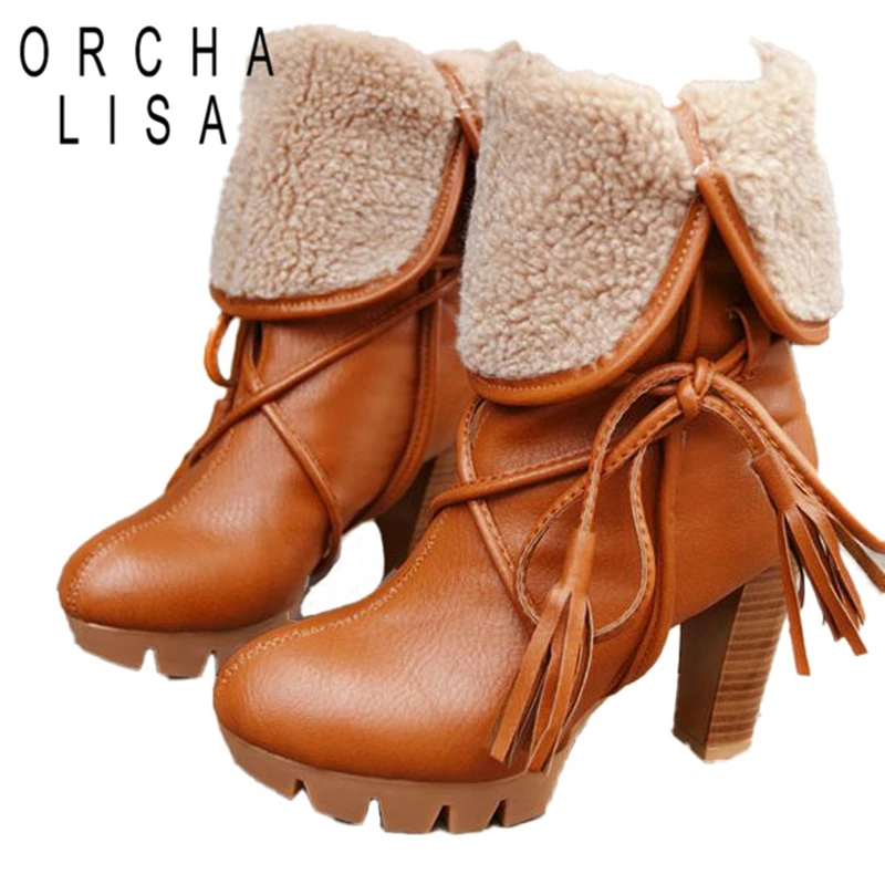 

ORCHALISA Outdoor Botas femininas Ladies Winte Platform Boots Round Toe Chunky Heels Slip-on Tassel Foldble 34-43 Mature S2673