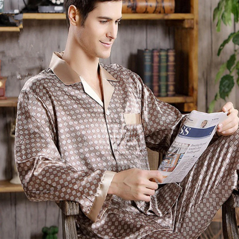 

Spring Men's Pajama Set Imitation Silk Men Pajamas For Male Cozy Soft Sleepwear Man Pyjamas Suit Nightgown Lounge Home Clothes