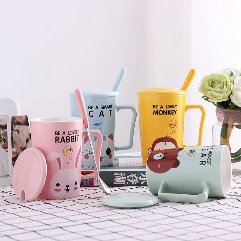 Кружка Керамическая Женская Студенческая милая мультяшная чашка с крышкой и