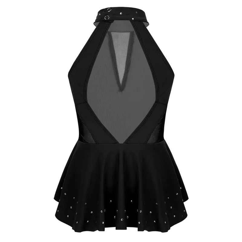 Kid Girls Sleeveless Sparkly Rhinestone Cutout Back Mesh Splice Leotard Dress for Modern Contemporary Ballroom Dance Performance |