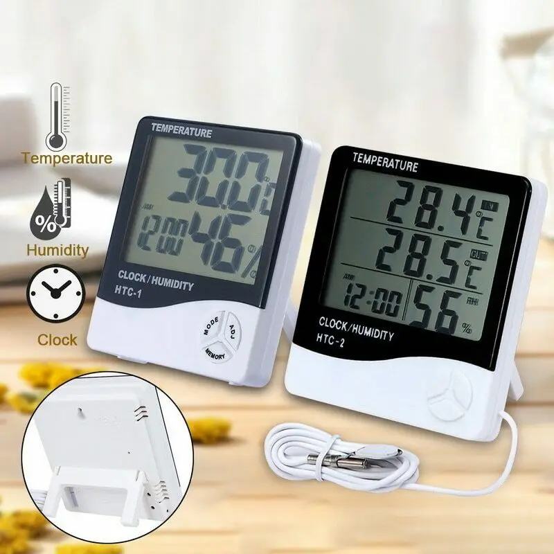 

HTC-1 HTC-2 LCD Electronic Digital Temperature Humidity Meter Indoor Outdoor Thermometer Hygrometer Weather Station with Clock