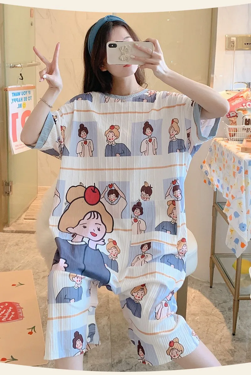 

Pajamas Summer Thin Short Sleeved Cotton Nightdress Women Summer Cartoon Two-dress One-piece Skirt Dress Child Home Wear