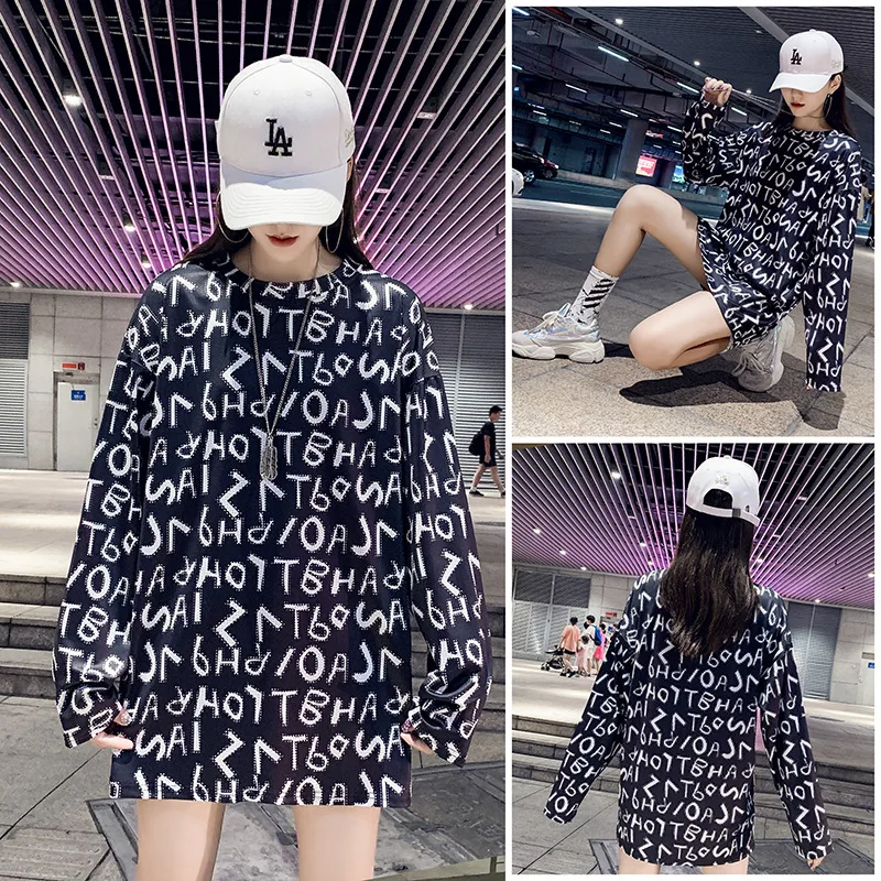 Женская Повседневная футболка QING MO черная хлопковая с длинным рукавом и круглым