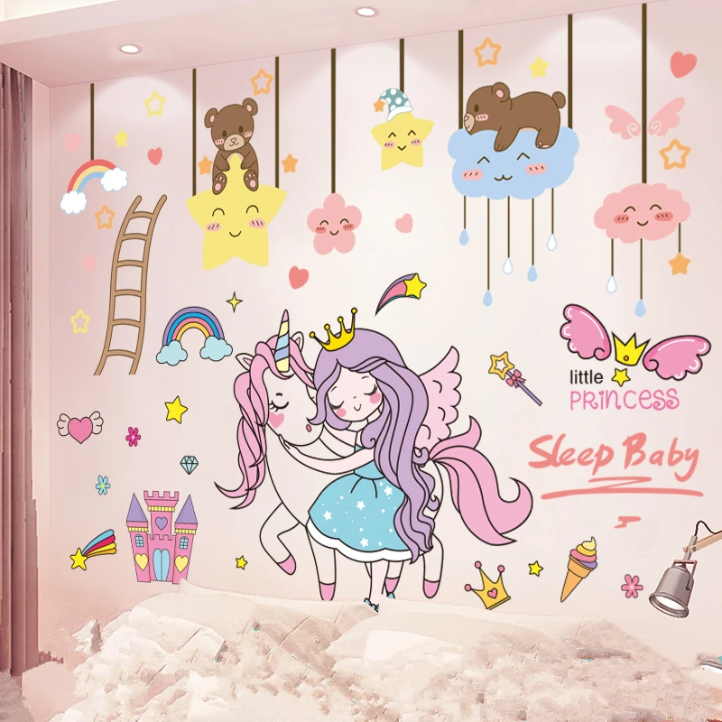 

[SHIJUEHEZI] Cartoon Bear Animals Clouds Wall Stickers DIY Girl Horse Wall Decals for Kids Bedrooms Nursery House Decoration