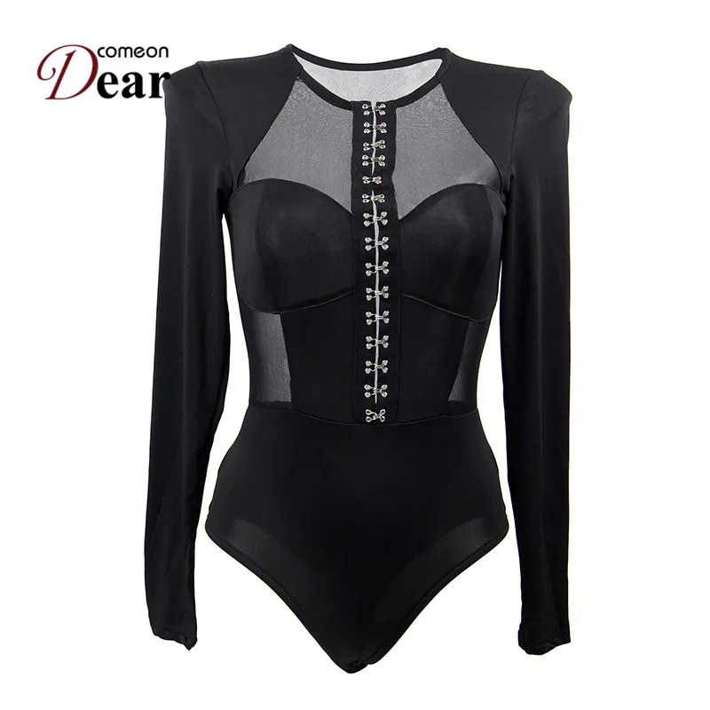 Comeondear Long Sleeve Bodysuit With Button Sexy Jumpsuit Women Playsuit XL Big Size Streetwear Bodycon See Through Body RB80753