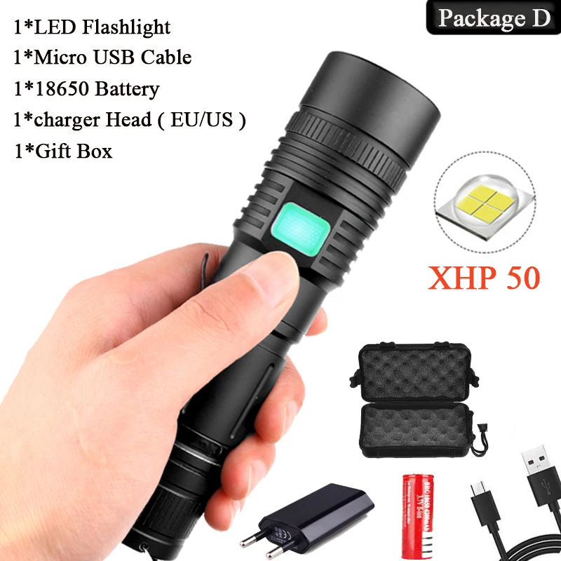 Package D 7000LMs XHP70.2 супер Мощная Вспышка светильник XHP50 USB зум светодиодный фонарь Лампа тактическая охотничья светильник 18650 26650 Отдых на природе - Испускаемый цвет: Package D