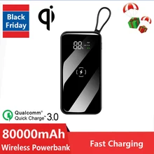 80000mAh Wireless Powerbank Ultra-thin Mirror Digital Display 2USB Port Fast Charging Portable Charger for Xiaomi Samsung iPhone