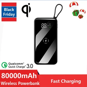 80000mah wireless powerbank ultra thin mirror digital display 2usb port fast charging portable charger for xiaomi samsung iphone free global shipping