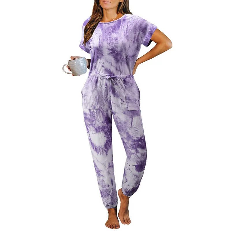 

Женские повседневные свободные брюки, весенне-летние слитные штаны с коротким рукавом, с принтом тай-Дай, 2021, домашняя одежда, женский спорт...