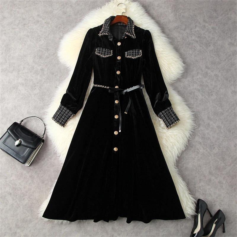 

Elegant Lady Fall Winter Single Breasted Midi Velour Dress for Women 2021 Fashion Long Sleeve Vintage Vestidos Aline Party Robe