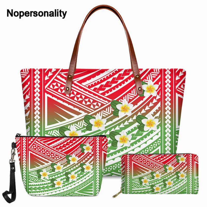 

Nopersonality Brand 2pcs Women Fashion Handbag and Purse Hawaiian Polynesian Flower Printed Top-handle Shoulder Bag for Ladies