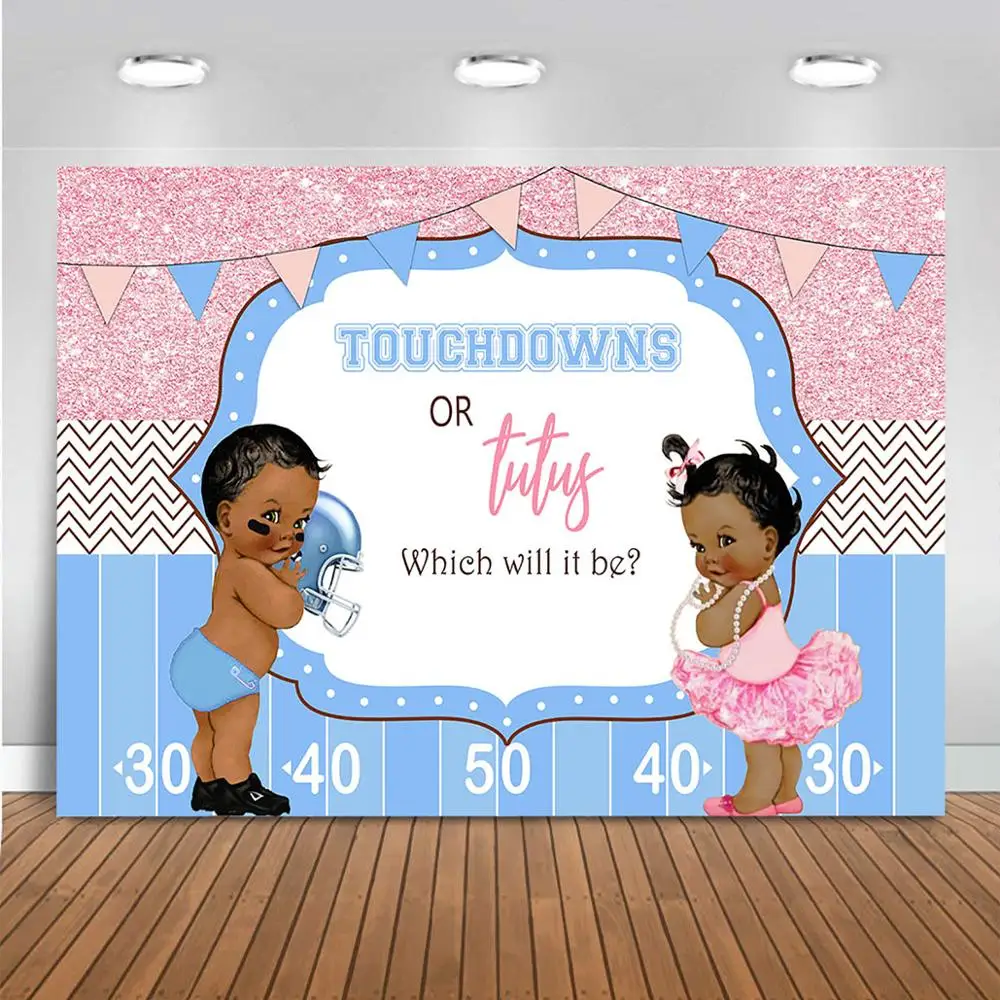 Mocsicka Touchdowns or Tutus Gender Reveal Backdrop Blue Pink Boy Girl Photography Background Baby Shower Party Banner