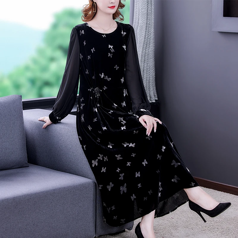 

2021 Black Print Velvet Thick Warm Midi Dress Women Vintage Casual Dress Autumn Winter high quality Elegant Office Maxi Dress