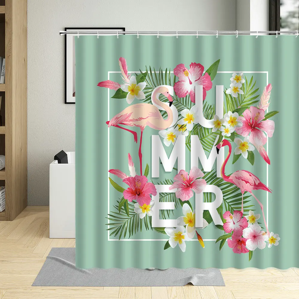 

Tropical Animal Plants Palm Leaf Flower Flamingo Cartoons Shower Curtain Waterproof Fabric Decor Screens Bathroom Curtains Set