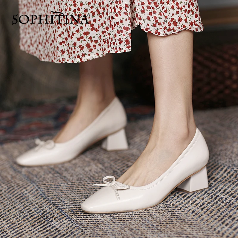 

SOPHITINA Fashion Women Shoes High Quality Genuine Leather Square Toe Square heel Butterfly-knot Pumps Work Commute Pumps DO52