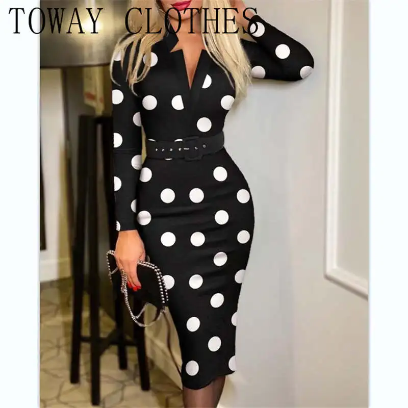 

Women Autumn Spring Polka Dot Print Long Sleeve Belted Work Dress With Belt