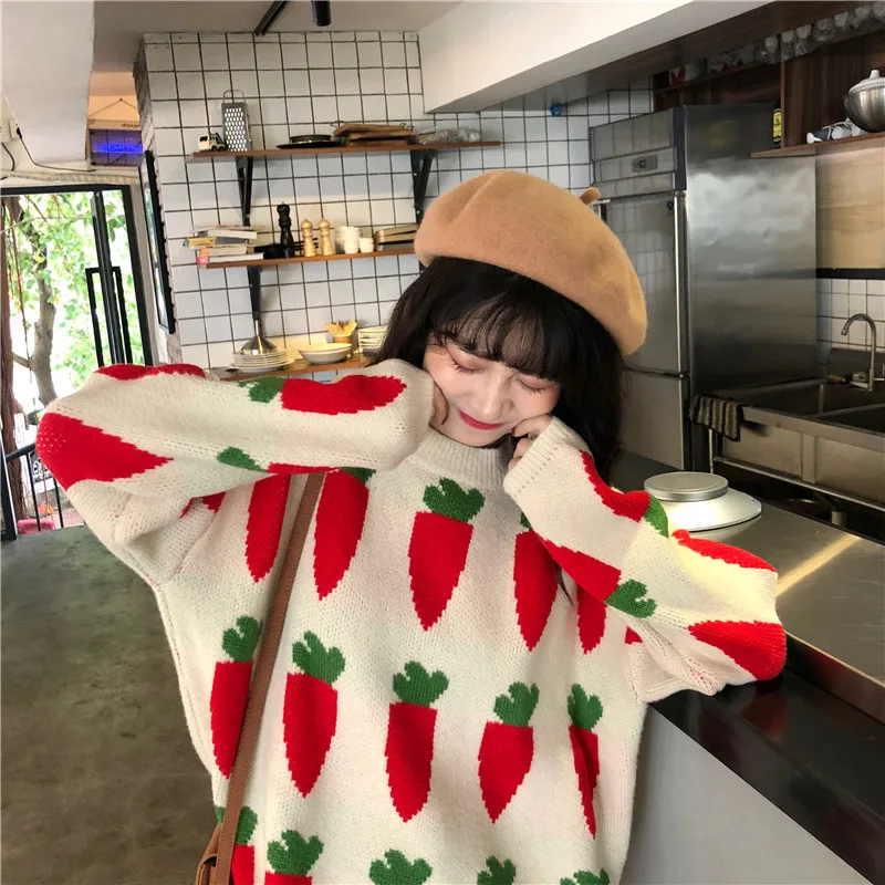 Зимний женский свитер модный свободный круглый вырез Harajuku морковь пуловеры с