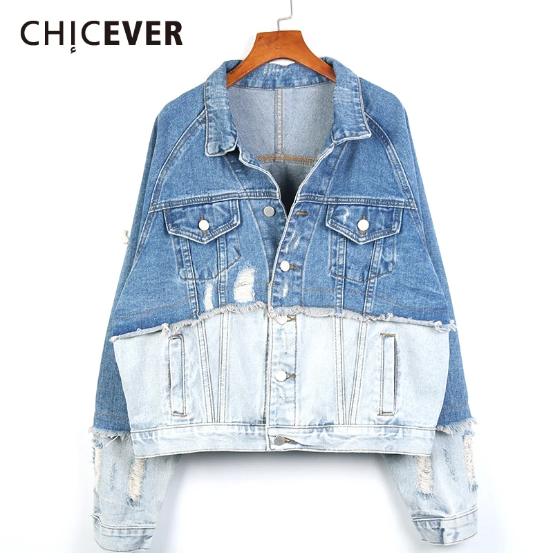 

CHICEVER Korean Fashion Patchwork Raw Hem Denim Jacket For Women Lapel Long Sleeve Colorblock Loose Women's Coat 2021 Autumn New