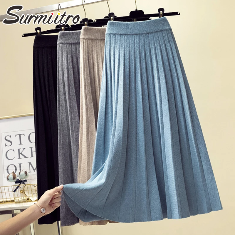 

FAKUNTN 2021 Fashion Autumn Winter Knitted Midi Long Pleated Skirt Women Korean Style Blue Mid-Length High Waist Skirt Female