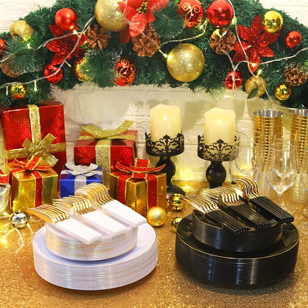 

20 Pcs Plastic Plates White With Gold Rim Disposable Plates 7.5 in 10.25 in Gold Disposable Plates Suitable for Wedding Party