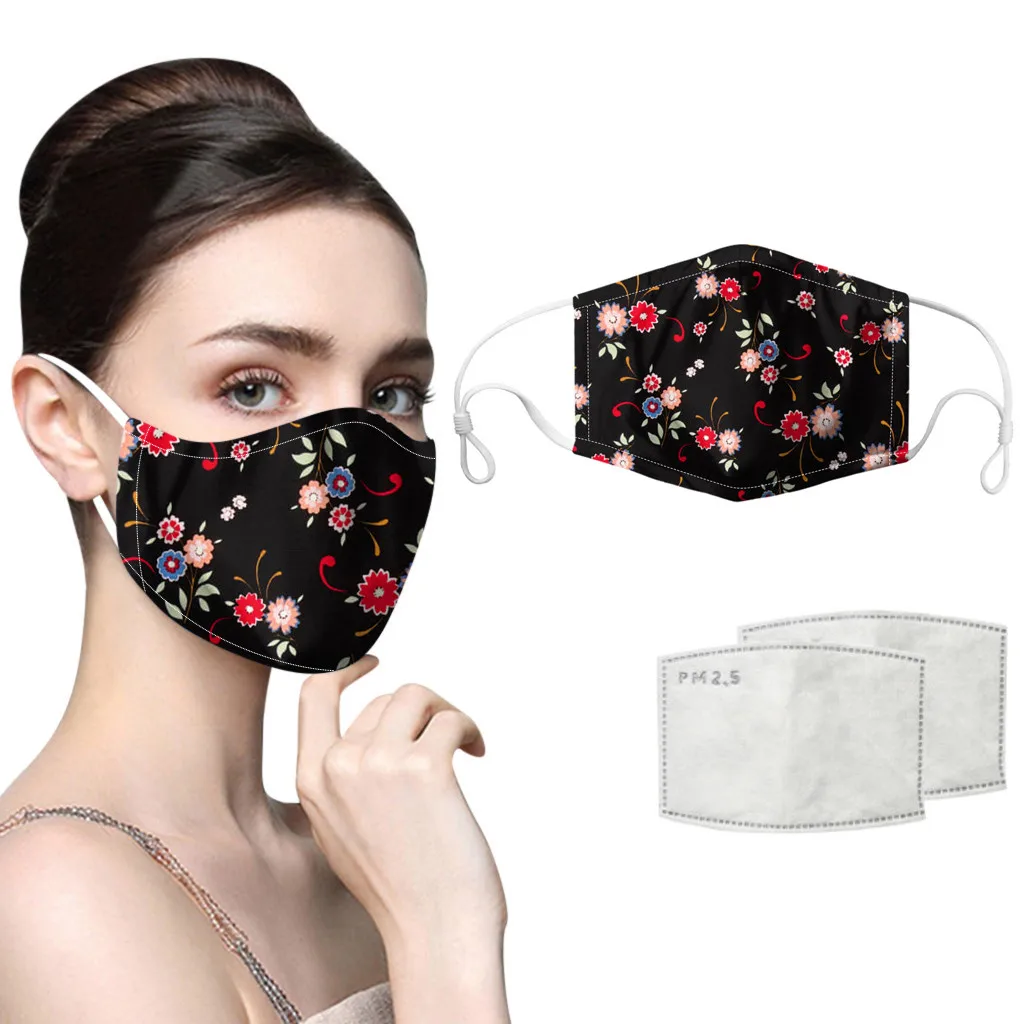 

1pc Women Flower Print Face Mask Cotton PM2.5 Dust Filters Mask Washable Reusable Mouth Cover Fashion Fabric Masks Reusable