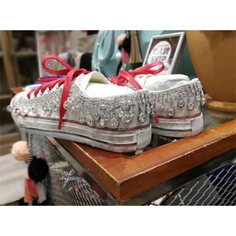 

Rhinestone tassel flat shoes retro dirty shoes lace up light luxury custom casual plus size women's shoes 35-46