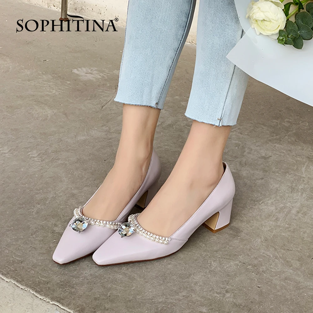 

SOPHITINA Spring Autumn Dress High Heels Women Shoes Pumps Leather Pointed Toe Crystal Sweet Style Pearl Mid Pumps New FO142