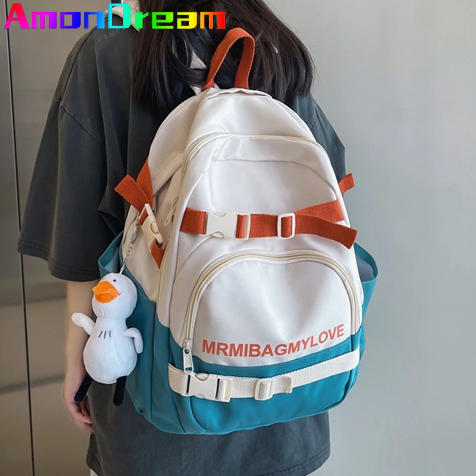 

Fashion Contrast Color Women Backpack Nylon Bagpack Large Capacity Students Book Schoolbag for Female Travel Bags Girls Racksack