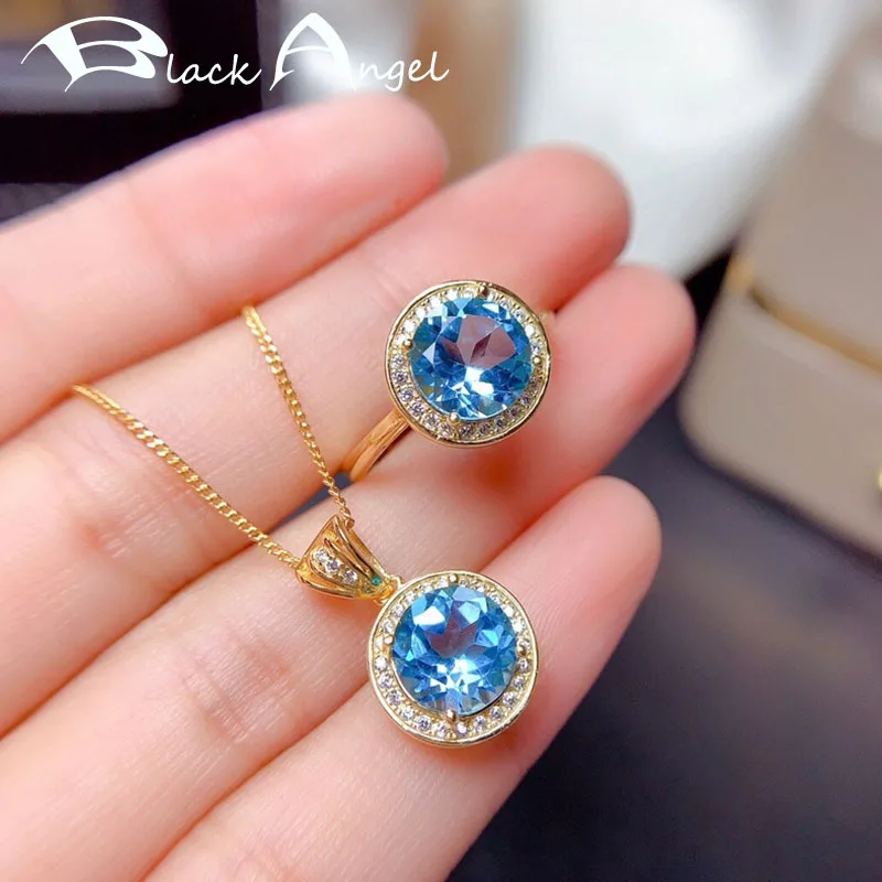 

BLACK ANGEL New 18K Gold Luxury Lab Created Sea Blue Topaz Gemstone Resizable Rings Necklace For Women Wedding Jewelry Set Gift