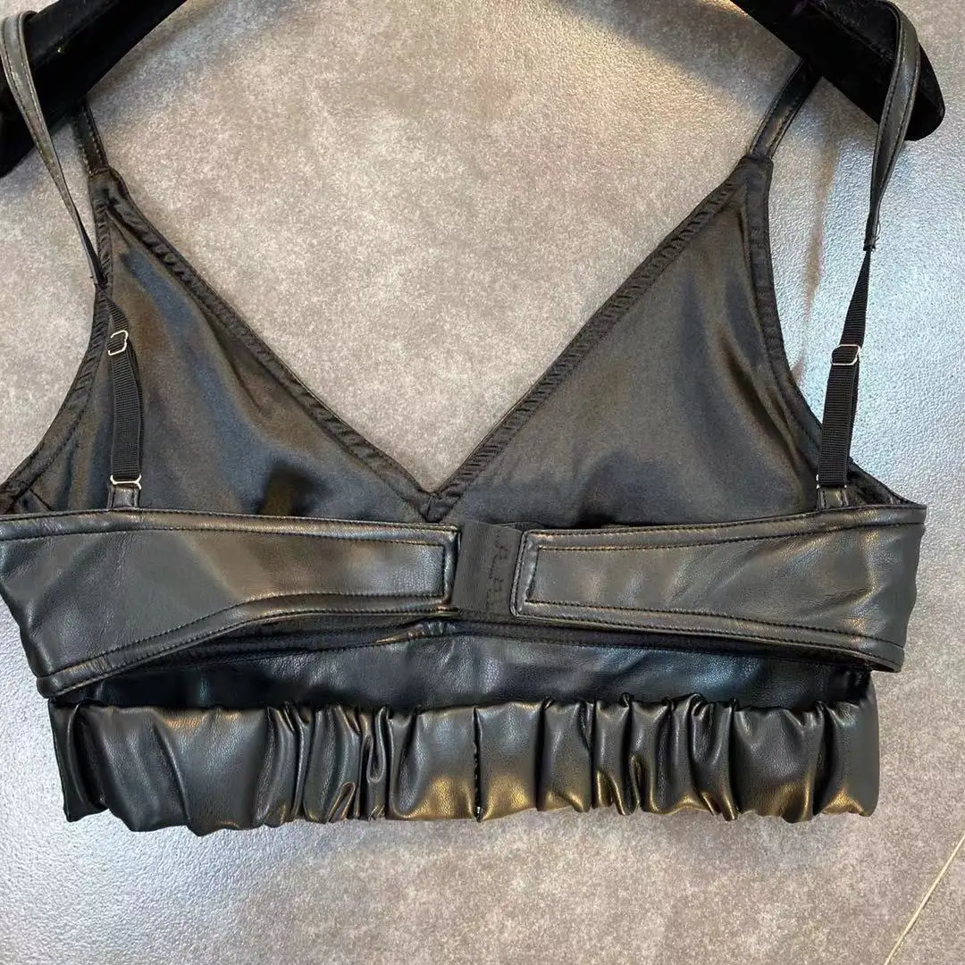 

ZCSMLL 2021 Spring Back Elastic Band Decoration with PU Vest Short Sling Tide Women Black Leather Tops