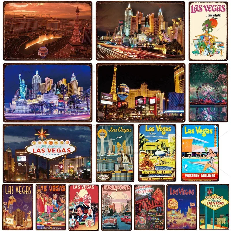 

Pub Bar Metal Tin Sign Vintage Las Vegas City View Landscape Iron Poster Wall Art Decor For Living Room Decorative Plates