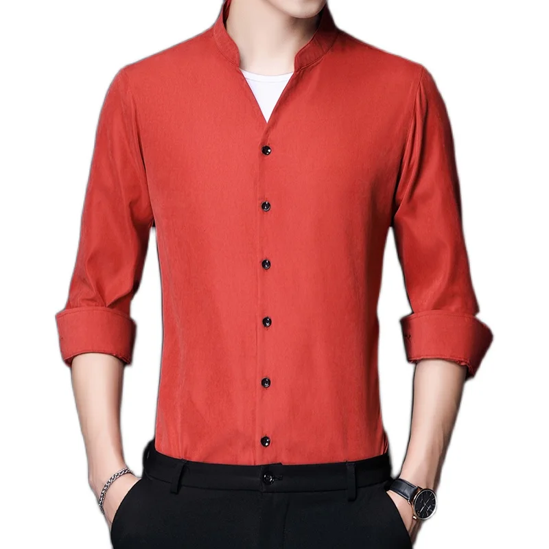 

Однотонная мужская рубашка в стиле ретро с длинным рукавом, Повседневная модная мужская приталенная рубашка красного, желтого, зеленого, че...