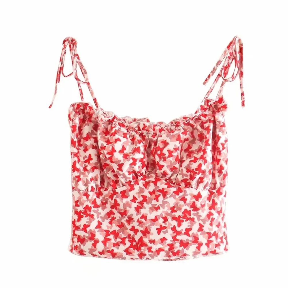 

women floral Cami Adjustable Tie-string Shoulder Tops Sexy Squiggle Print Bustier Camisole Club Sling Navel exposed Short top