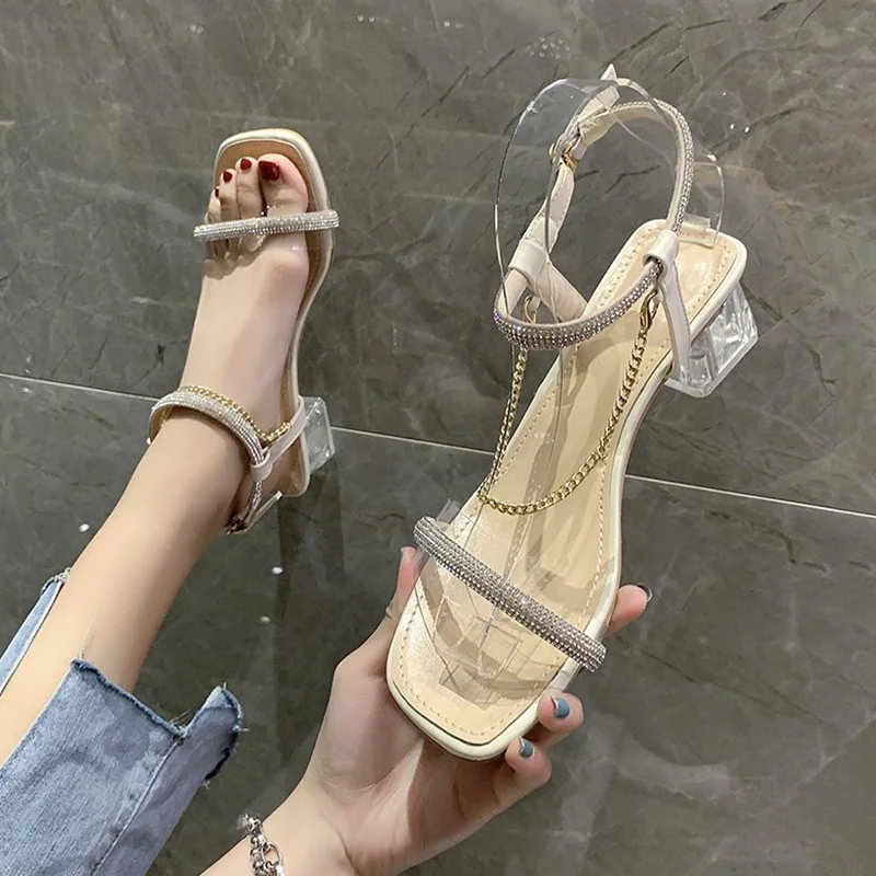 

2021 Sandals Clear Heels Black Shoes for Women All-Match Med New Fashion Rhinestone Beige Block High Summer Comfort Girls