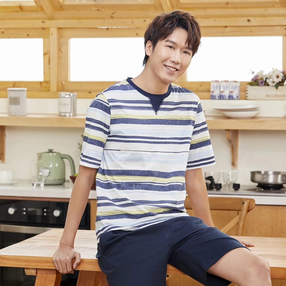 Conlia Men's Short Sleeve Cotton Pajamas Striped Pyjama Sleepwear Tops Pants Suit Loungewear 2020 Plus Size Home Wear