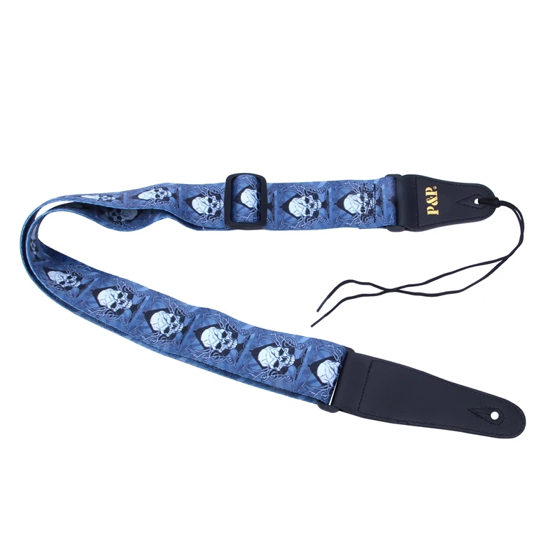 

P&P Guitar Strap PU Leather Ends For Acoustic Folk B Blue skull prints