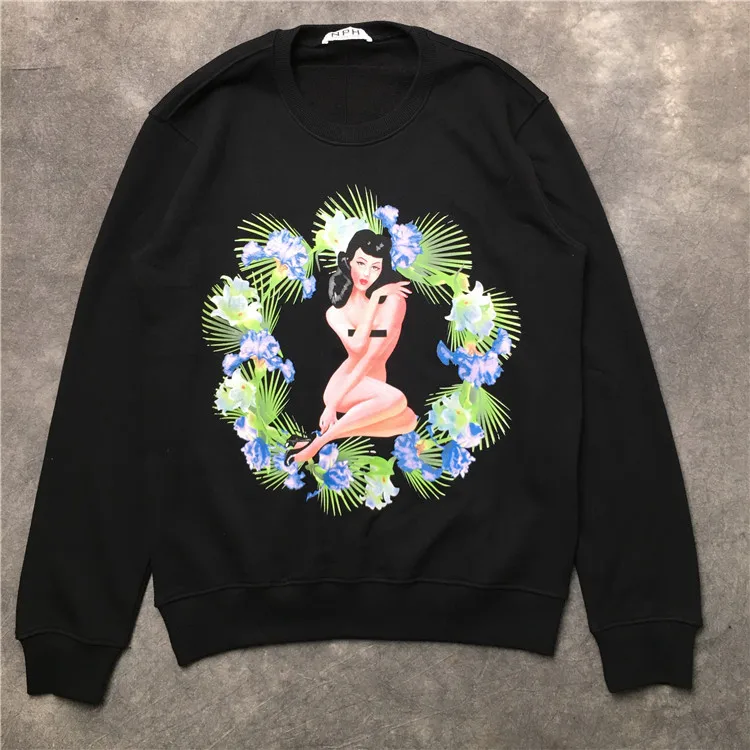 

New 19ss Men High Punk Naked Girl flower Hoodies Hoody hooded Sweatshirts velvet Cotton Drake Thick Fleece Street Hip hop